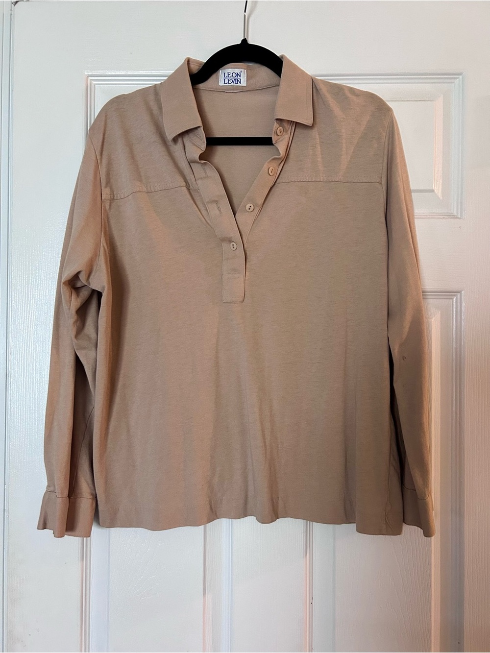 Vintage 90s Leon Levin Long Sleeve Polo Shirt Beige Tan Grandmacore Size